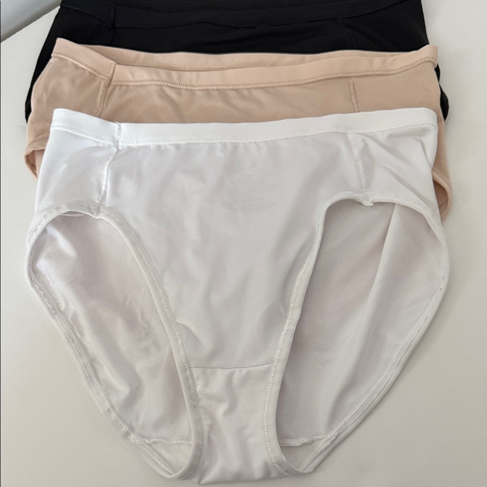 Hanes Bottoms - Black, Beige, and White high leg panties.